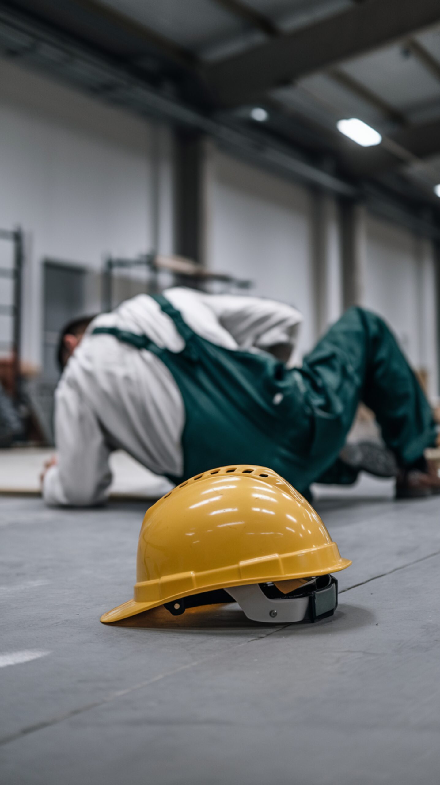 worker overalls fallen yellow hard hat floor industrial setting mobile wallpaper